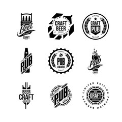 Modern craft beer drink isolated vector logo sign for bar, pub, store, brewhouse or brewery. Premium quality bottle, barrel logotype emblem illustration set. Brewing fest t-shirt badge design bundle.