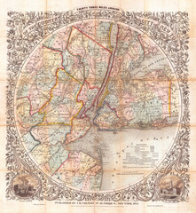 Fototapeta na wymiar 1853, Colton Map of New York and Vicinity, 33 Miles Around