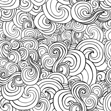 Seamless pattern with black and white stylized curls and waves for fabric textile design, pillow or wrapping. Vector illustration