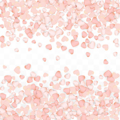 Love Hearts Confetti Falling Background. St. Valentine's Day pattern Romantic Scattered Hearts. Vector Illustration for Cards, Banners, Posters, Flyers for Wedding, Anniversary, Birthday Party, Sales.
