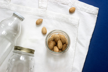 Ecological concept, reusable bags and jars. For purchases without polyethylene and plastic.