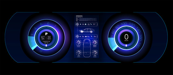Car HUD Dashboard. Abstract virtual graphic touch user interface. Futuristic user interface HUD and Infographic elements.