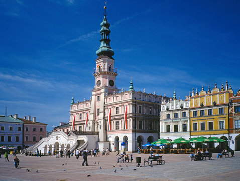 Zamosc town, lubelskie region, Poland - May 2008: main square and town halli in old town in Zamosc
