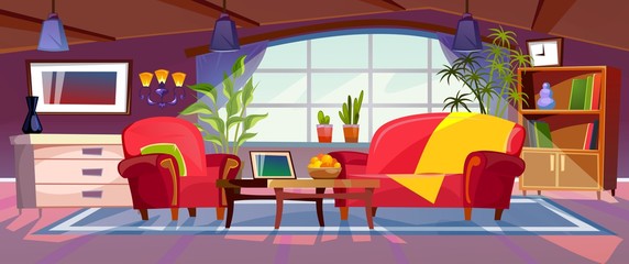 Cartoon living room interior view. Empty colorful room design with sofa, armchair, coffee table, bookshelves and plants. Vector illustration © Microstocker.Pro