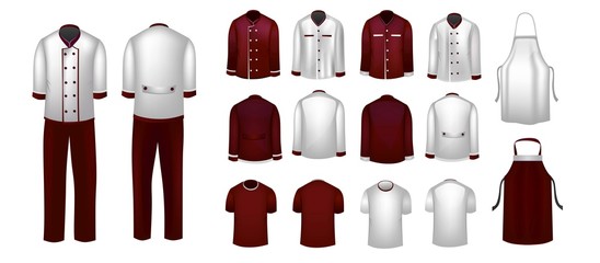 Culinary uniform set for restaurant or cafe with white and red wine colors. Elegance realistic restaurant uniform. Vector illustration