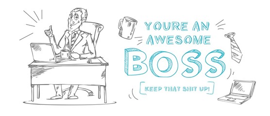 Boss day inspirational and motivational greeting card with inscription "You are an awesome boss!" and doodles. Greeting card or print for Boss's day. Vector illustration