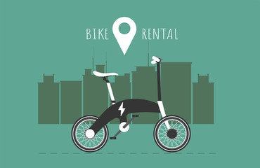 Bike rental. Rent bike. Electric Bike. Bicycle sign for web or print. Green background. With big city on background. Vector illustration.