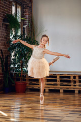 Obraz premium Young ballerina in tutu and pointe ballet shoes practicing dance moves in the dancing hall.