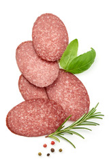 Salami Smoked Sausage with herbs and peppercorns, top view, isolated on a white background