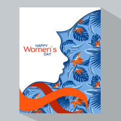 Happy Women's Day. 8 march. Elegant greeting card design with illustration of girl against a background of tropical leaves. Negative space – trend.