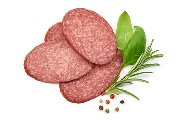 Delicious Salami with herbs and peppercorns, top view, isolated on a white background