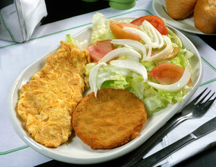 Plato con una tortilla, una hamburguesa rebozada frita y ensalada.
