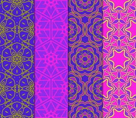 Set of Lace Floral Ornament. Seamless Design For Prints, Textile, Decor, Fabric. Vector Pattern. Blue, purple, orange color