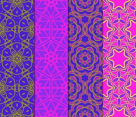 Set of Lace Floral Ornament. Seamless Design For Prints, Textile, Decor, Fabric. Vector Pattern. Blue, purple, orange color