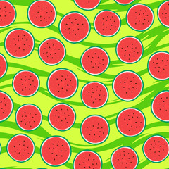 Fototapeta premium Watermelon round pieces. Seamless pattern. Vector illustration on green striped texture