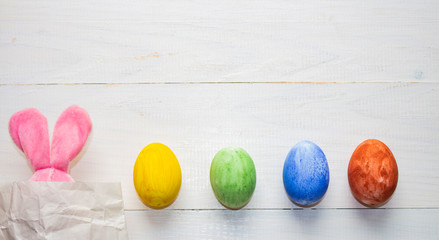 Easter eggs on a white wooden background. Easter background. Easter eggs. Easter. Easter symbol. Easter card. Easter greetings. Happy Easter. Copy space