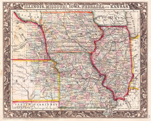 1860, Mitchell Map of Iowa, Missouri, Illinois, Nebraska and Kansas
