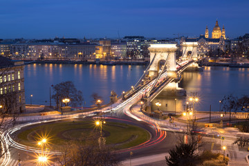 shot of the famous Chain Bridge upon the river in Budapest - Hungary