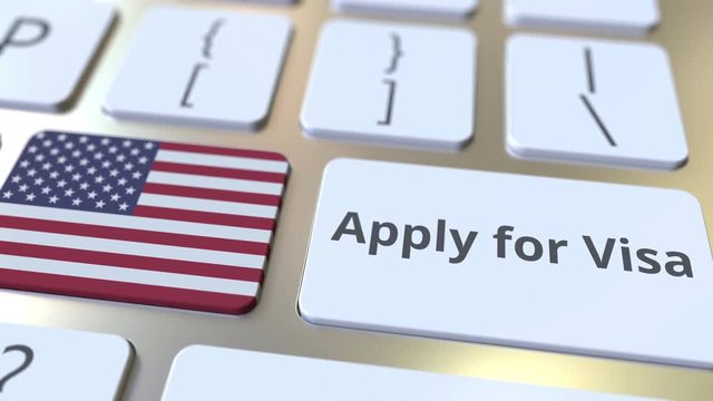 APPLY FOR VISA text and flag of the United States on the buttons on the computer keyboard. Conceptual 3D animation