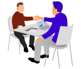 Fototapeta premium Businesspeople handshaking after negotiation or interview at office. Productive partnership concept. Constructive Business Confrontation isometric vector illustration. Successful. Isolated. Icon. Logo