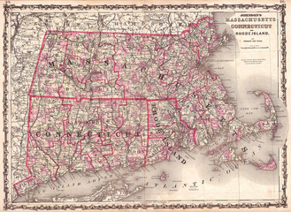 1862, Johnson Map of Massachusetts, Connecticut and Rhode Island