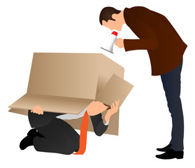 Problems at work. Businessman hiding under cardboard box. Boss screaming with a megaphone. Business concept. Angry boss yelling at employee for missing deadline. Guy showing bad work results.