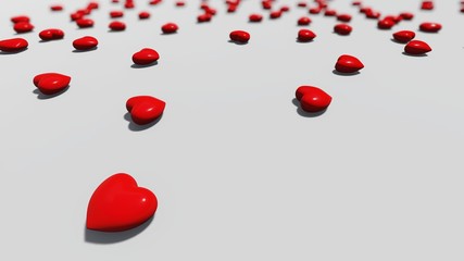 Red hearts on the floor, bokeh, 3D rendering