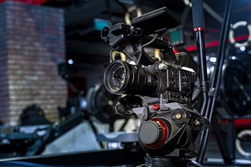 Fototapeta premium video creation process backstage concept. before recording a video blog. angle selection. preparation of the location. modern equipment concept