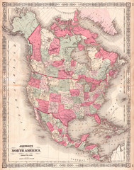 1864, Johnson Map of North America, Canada, United States, Mexico