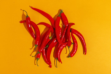 Red hot chili peppers on yellow background.