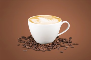 Flat white coffee and beans