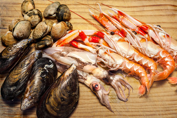 Clams, mussels, squid, shrimp for seafood paella