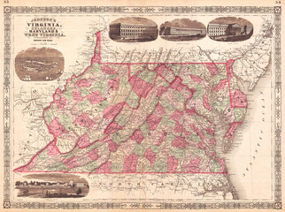 1866, Johnson Map of Virginia, West Virginia, Maryland and Delaware