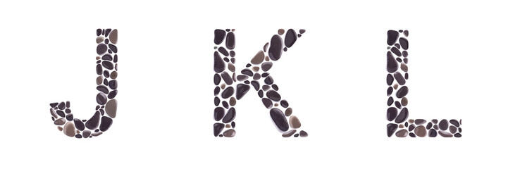 J, K snd L letters made of stones isolated on white background