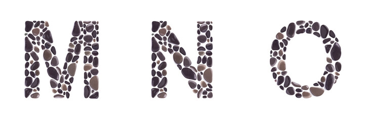 M, N and O letters made of beach stones isolated on white background