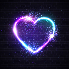 Valentines background with retro neon light heart sign. Led lamp border particles sparkles light flashes on dark brick wall. Valentine's Day greeting card design element. Electric vector illustration.