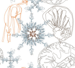 composition seamless repeat pattern, rapport, created with watercolor snow flakes and digital illustrations of horse and cat