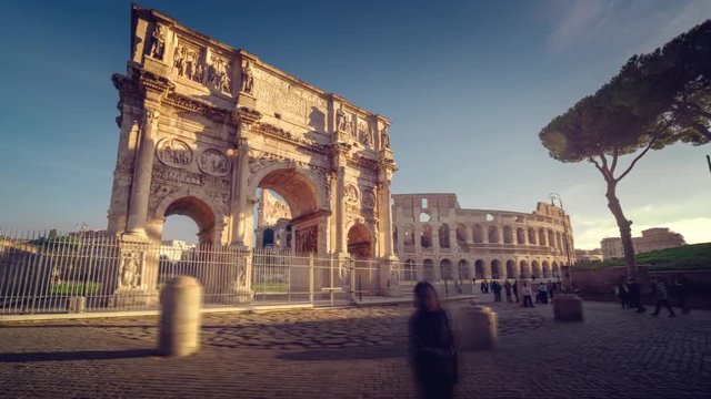 hyper lapse, Colosseum and Constantine arch at sunrise in Rome, Italy