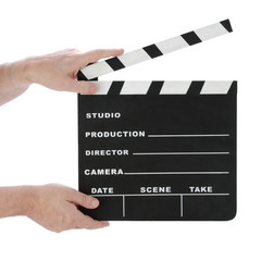 Obraz premium Classic hollywood chalk clapperboard open on a white background