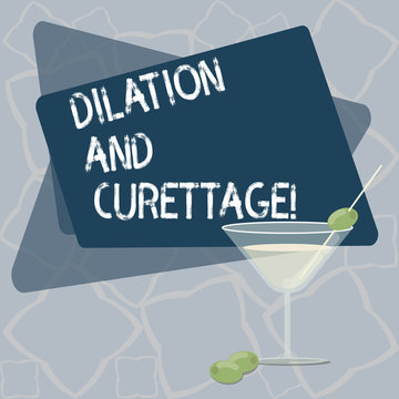 Writing note showing Dilation And Curettage. Business photo showcasing procedure to remove tissue from inside your uterus Filled Cocktail Wine Glass with Olive on the Rim Text Space