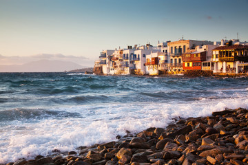 Fototapeta na wymiar little venice at sunset, mykonos, Greece - luxury travel destiation - greek islands