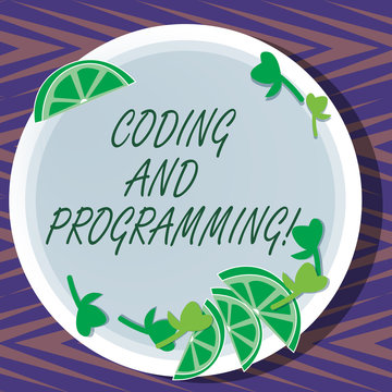 Word writing text Coding And Programming. Business concept for Design and build an executable computer program Cutouts of Sliced Lime Wedge and Herb Leaves on Blank Round Color Plate