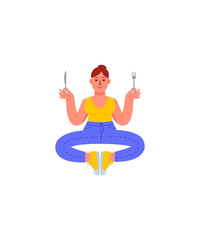 A plus-size woman sits in a meditation position with a fork and knife in her hands. Fat woman in jeans, T-shirt and sneakers. Vector illustration in cartoon style.
