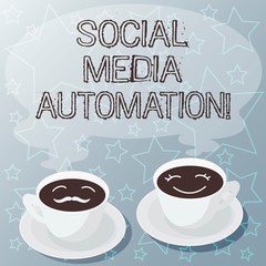 Handwriting text writing Social Media Automation. Concept meaning Automation of posting content to social media Sets of Cup Saucer for His and Hers Coffee Face icon with Blank Steam