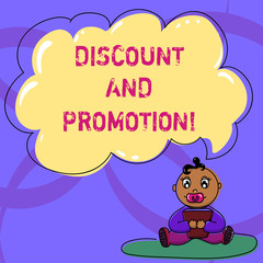 Writing note showing Discount And Promotion. Business photo showcasing reductions to a basic price of goods or services Baby Sitting on Rug with Pacifier Book and Cloud Speech Bubble