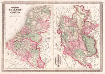 1870, Johnson Map of Holland, Belgium, and Switzerland