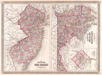 1870, Johnson Map of New Jersey, Maryland and Delaware