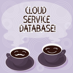 Text sign showing Cloud Service Database. Conceptual photo optimized virtualized computing environment Sets of Cup Saucer for His and Hers Coffee Face icon with Blank Steam