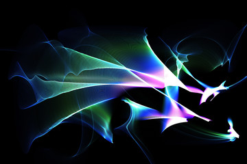 Abstract Patterns On Dark Background With Green Blue Purple Lines Curves Particles
