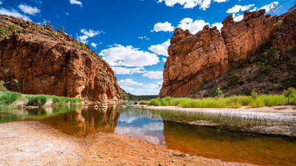 Scenic panorama of Glen Helen gorge in West MacDonnell National Park in central outback Australia - obrazy, fototapety, plakaty